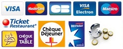 VISA, MasterCard, CB, VISA Electron, Maestro, Ticket Restaurant, Chèque table, Chèque Déjeuner, espèces